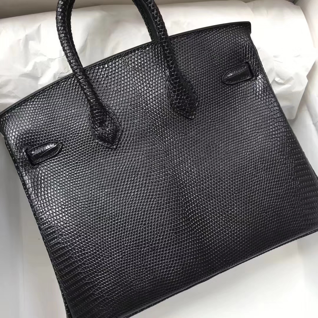 Discount Hermes Lizard Birkin Bag25CM in CK89 Black Silver Hardware