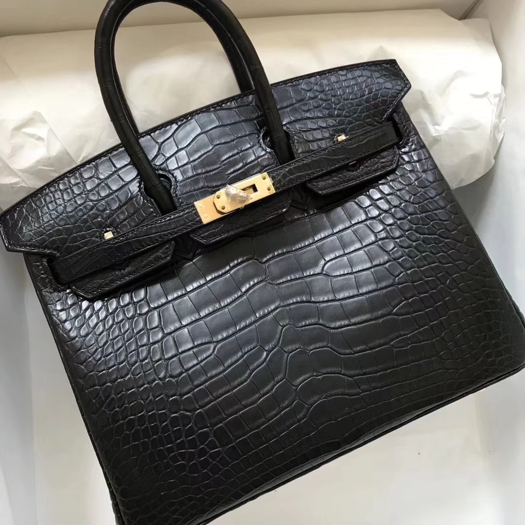 Classic Hermes CK89 Black Matt Crocodile Leather Birkin25CM Bag Gold Hardware