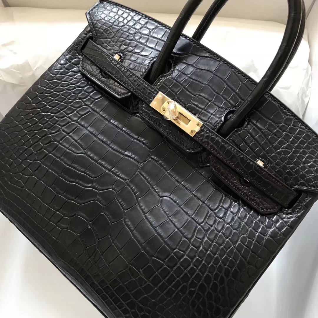 Classic Hermes CK89 Black Matt Crocodile Leather Birkin25CM Bag Gold Hardware