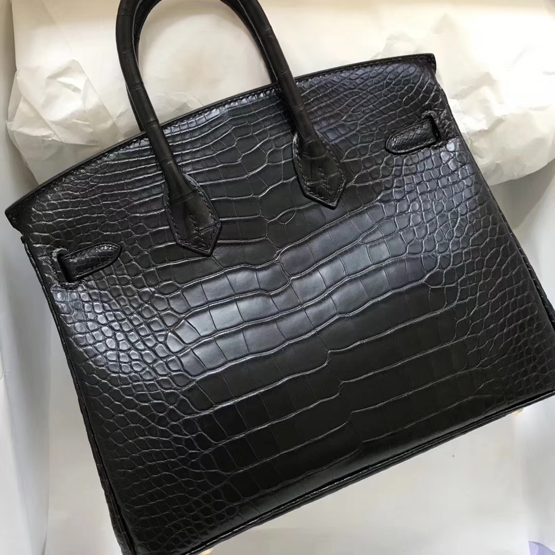 Classic Hermes CK89 Black Matt Crocodile Leather Birkin25CM Bag Gold Hardware
