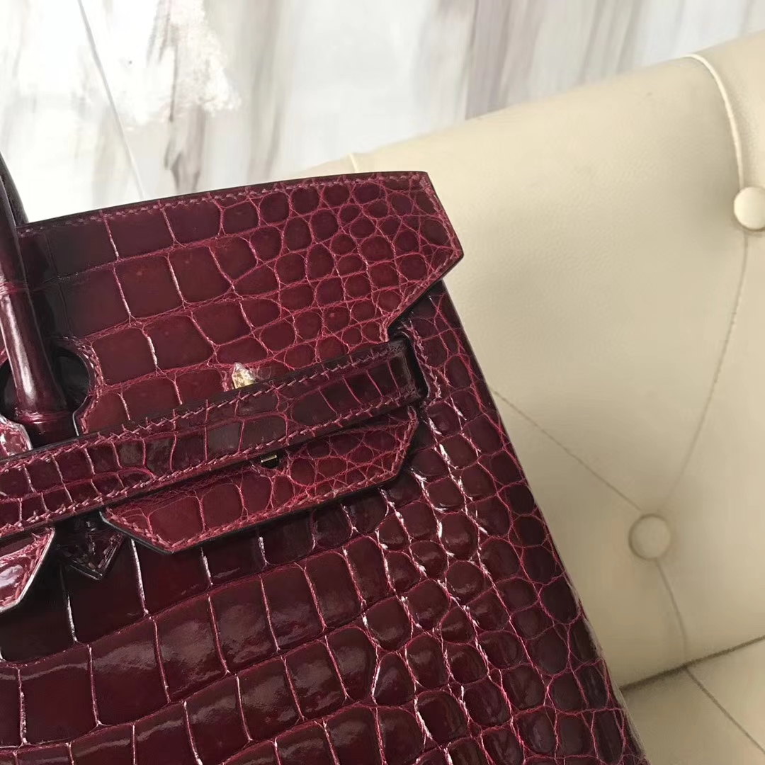 Luxury Hermes F5 Bourgogne Red Shiny Porosus Crocodile Birkin Bag35CM Gold Hardware