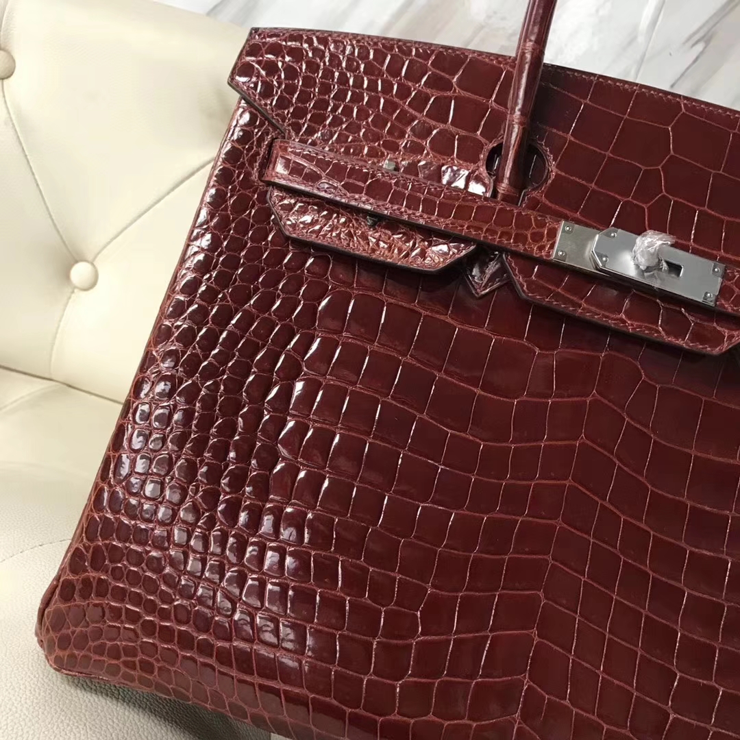 Luxury Hermes Porosus Shiny Crocodile Birkin35CM Bag in CK31 Miel Brown Silver Hardware