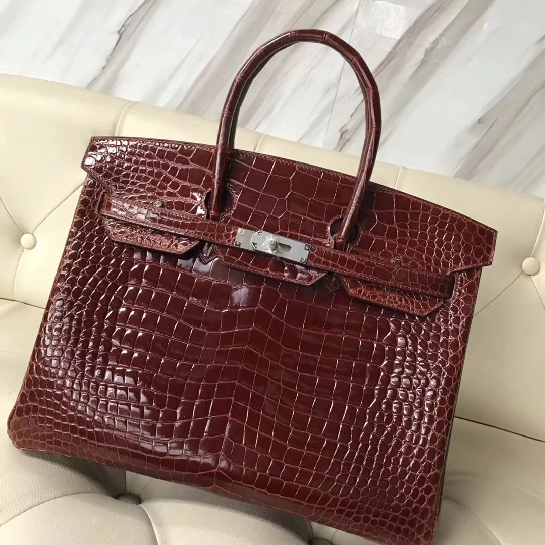 Luxury Hermes Porosus Shiny Crocodile Birkin35CM Bag in CK31 Miel Brown Silver Hardware