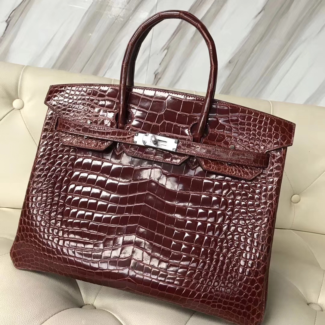 Luxury Hermes Porosus Shiny Crocodile Birkin35CM Bag in CK31 Miel Brown Silver Hardware