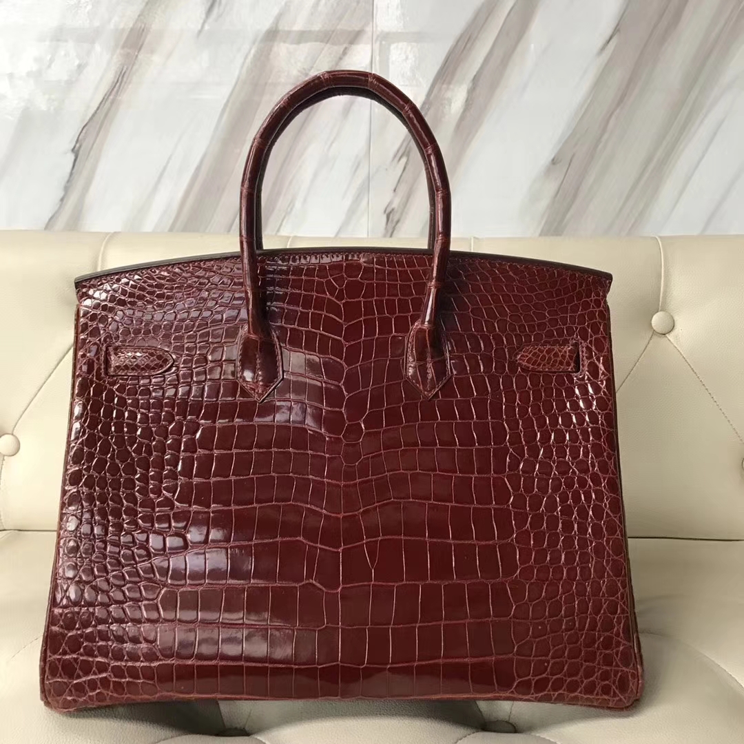 Luxury Hermes Porosus Shiny Crocodile Birkin35CM Bag in CK31 Miel Brown Silver Hardware