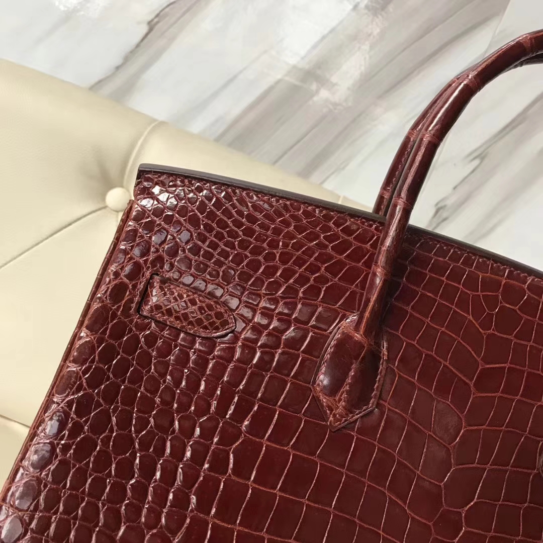 Luxury Hermes Porosus Shiny Crocodile Birkin35CM Bag in CK31 Miel Brown Silver Hardware