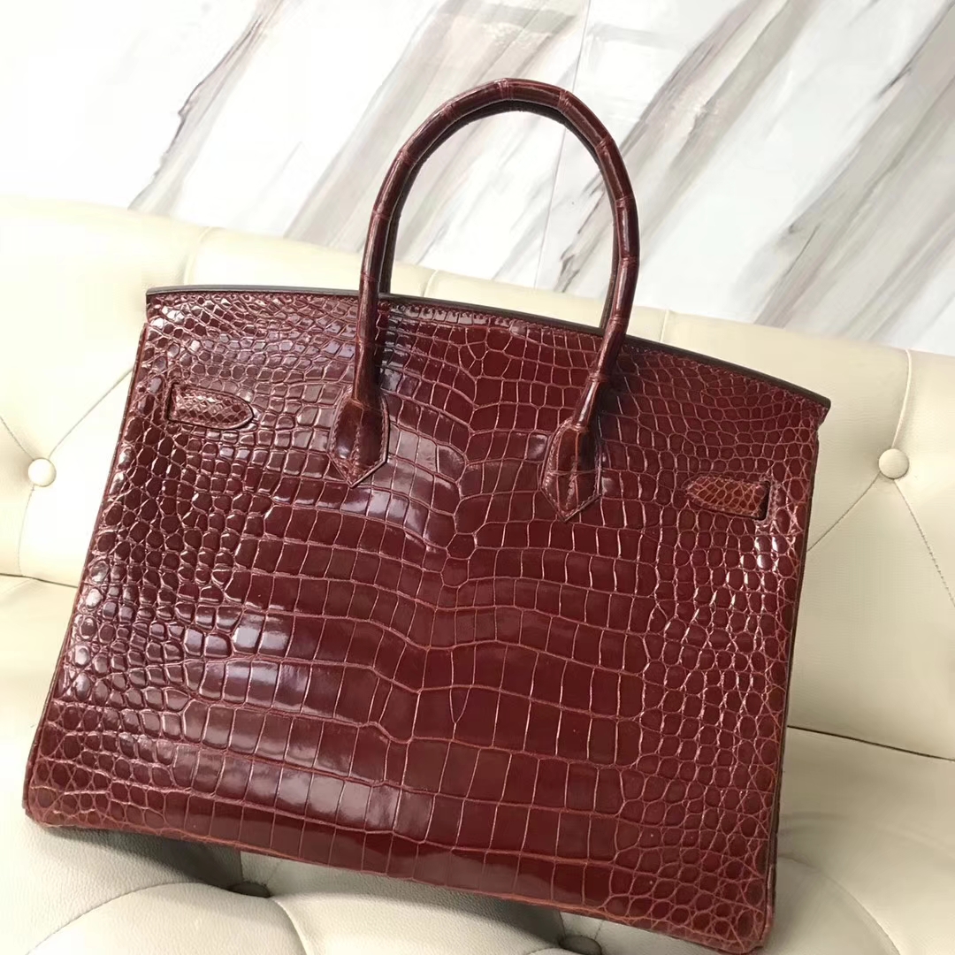 Luxury Hermes Porosus Shiny Crocodile Birkin35CM Bag in CK31 Miel Brown Silver Hardware