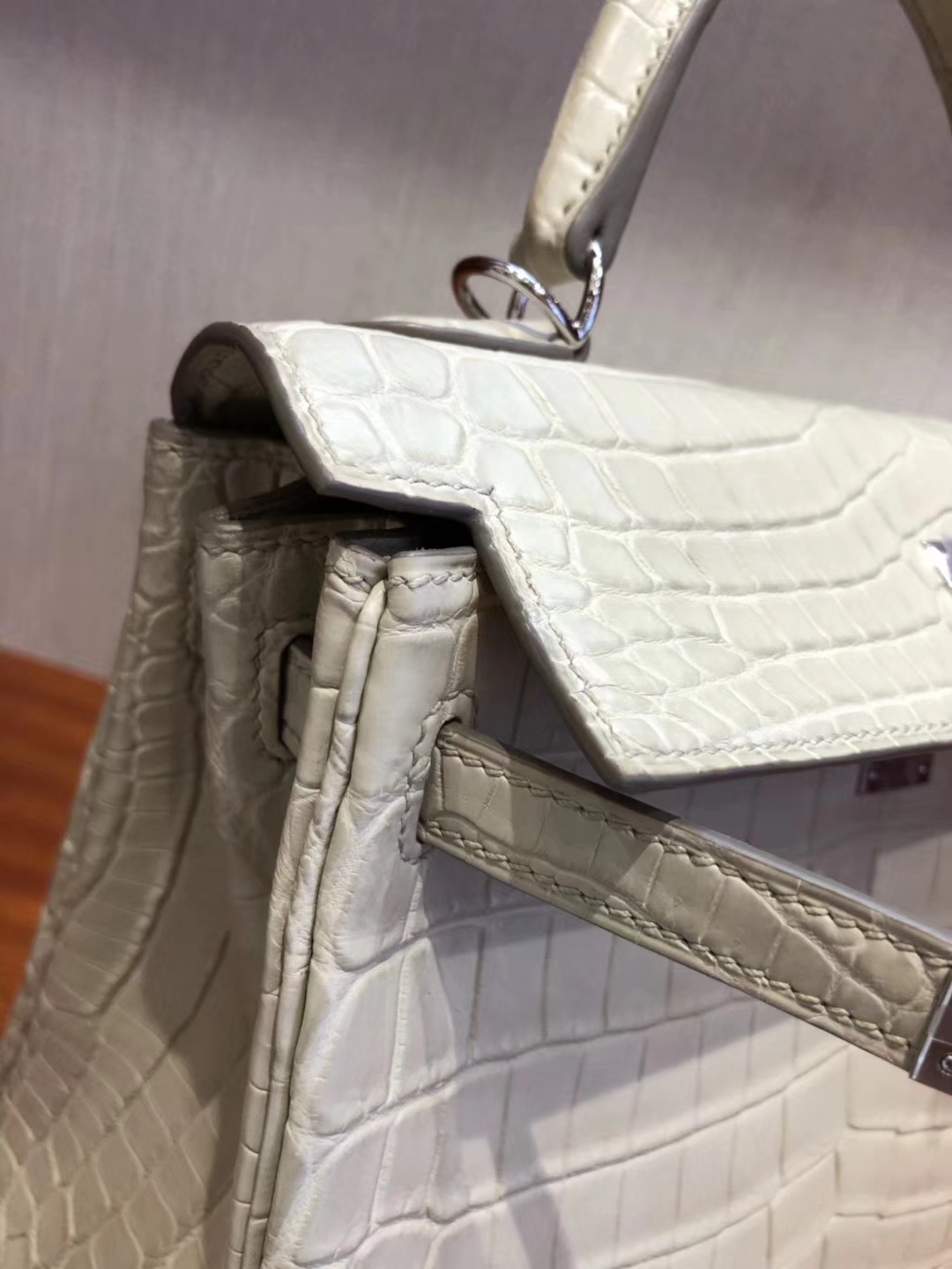 Fashion Hermes 8L Beton White Crocodile Matt Kelly25cm Bag Silver Hardware
