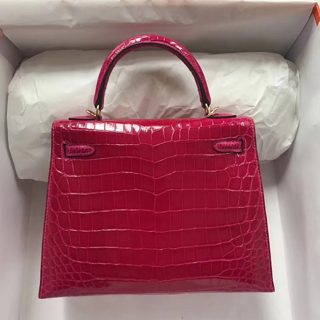 Pretty Hermes J5 Rose Scheherazade Shiny Crocodile Kelly25CM Bag Gold Hardware