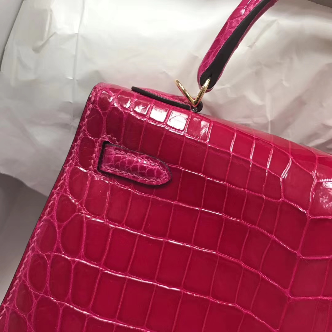Pretty Hermes J5 Rose Scheherazade Shiny Crocodile Kelly25CM Bag Gold Hardware
