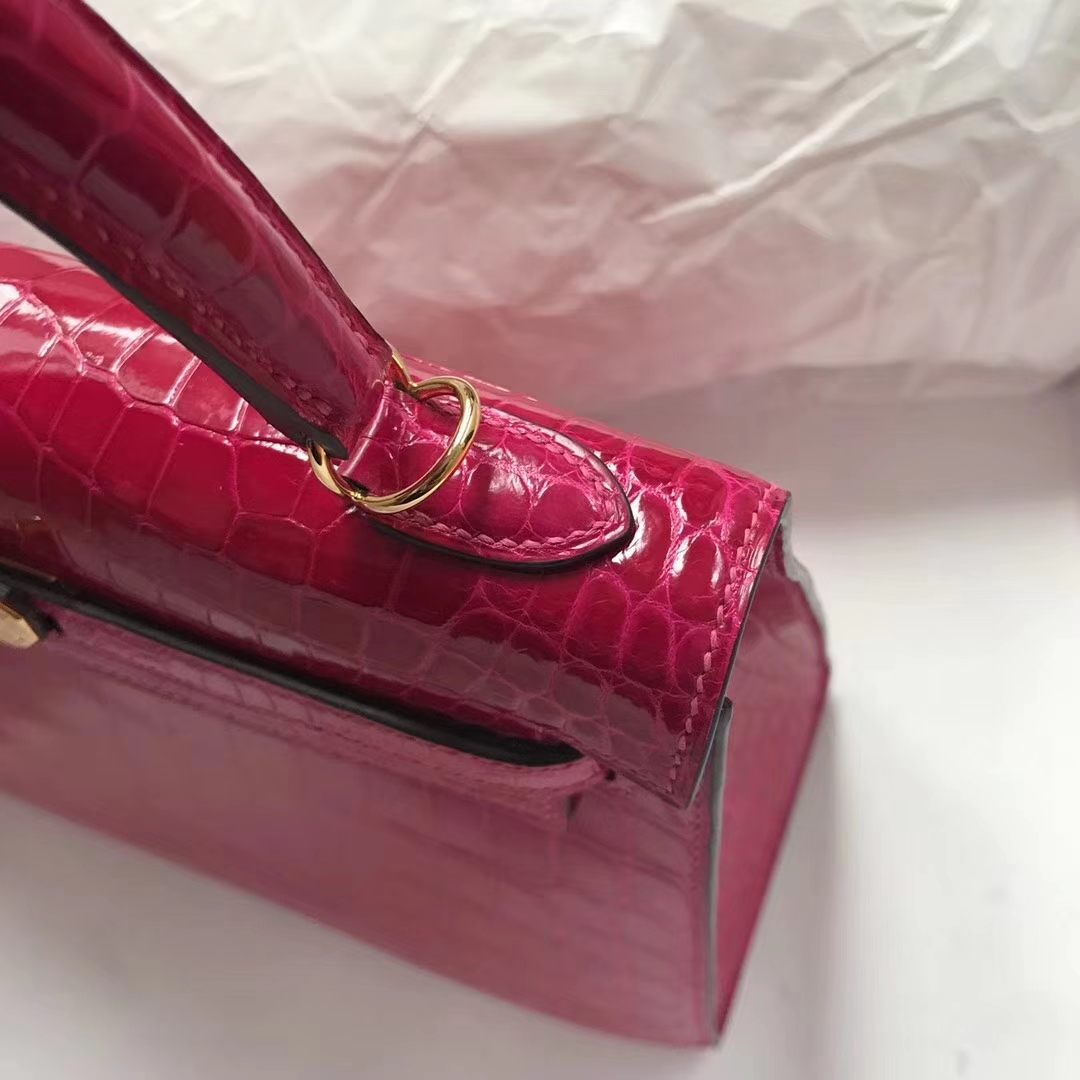 Pretty Hermes J5 Rose Scheherazade Shiny Crocodile Kelly25CM Bag Gold Hardware