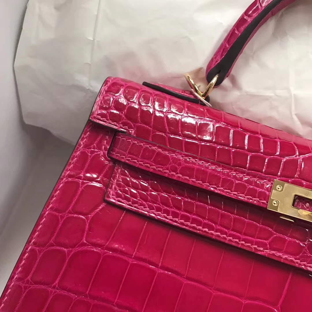 Pretty Hermes J5 Rose Scheherazade Shiny Crocodile Kelly25CM Bag Gold Hardware