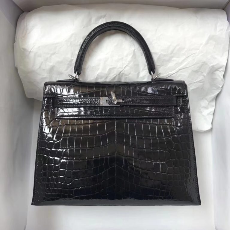 Hermes CK89 Black Crocodile Shiny Leather Kelly 25CM Bag Silver Hardware