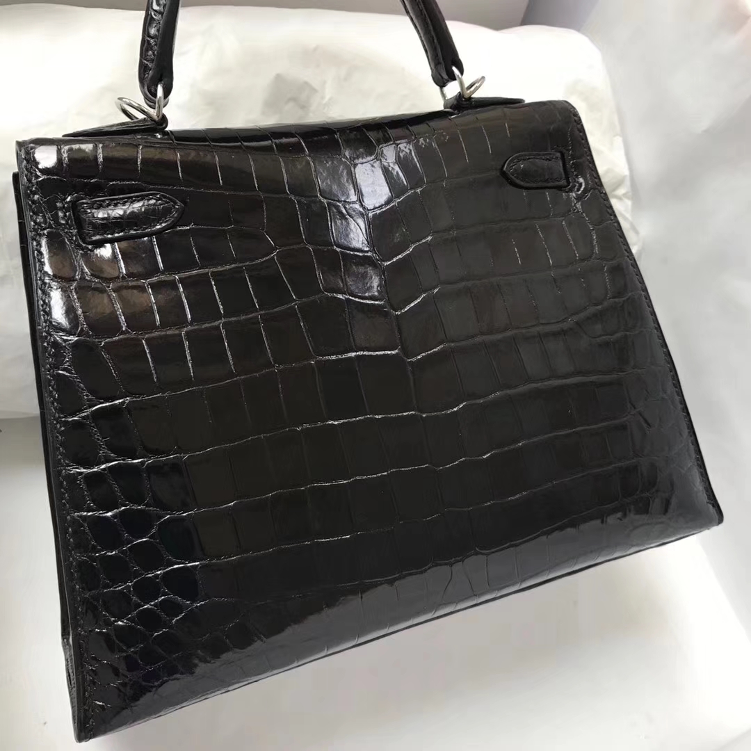 Sale Hermes CK89 Black Crocodile Shiny Leather Kelly25CM Bag Silver Hardware