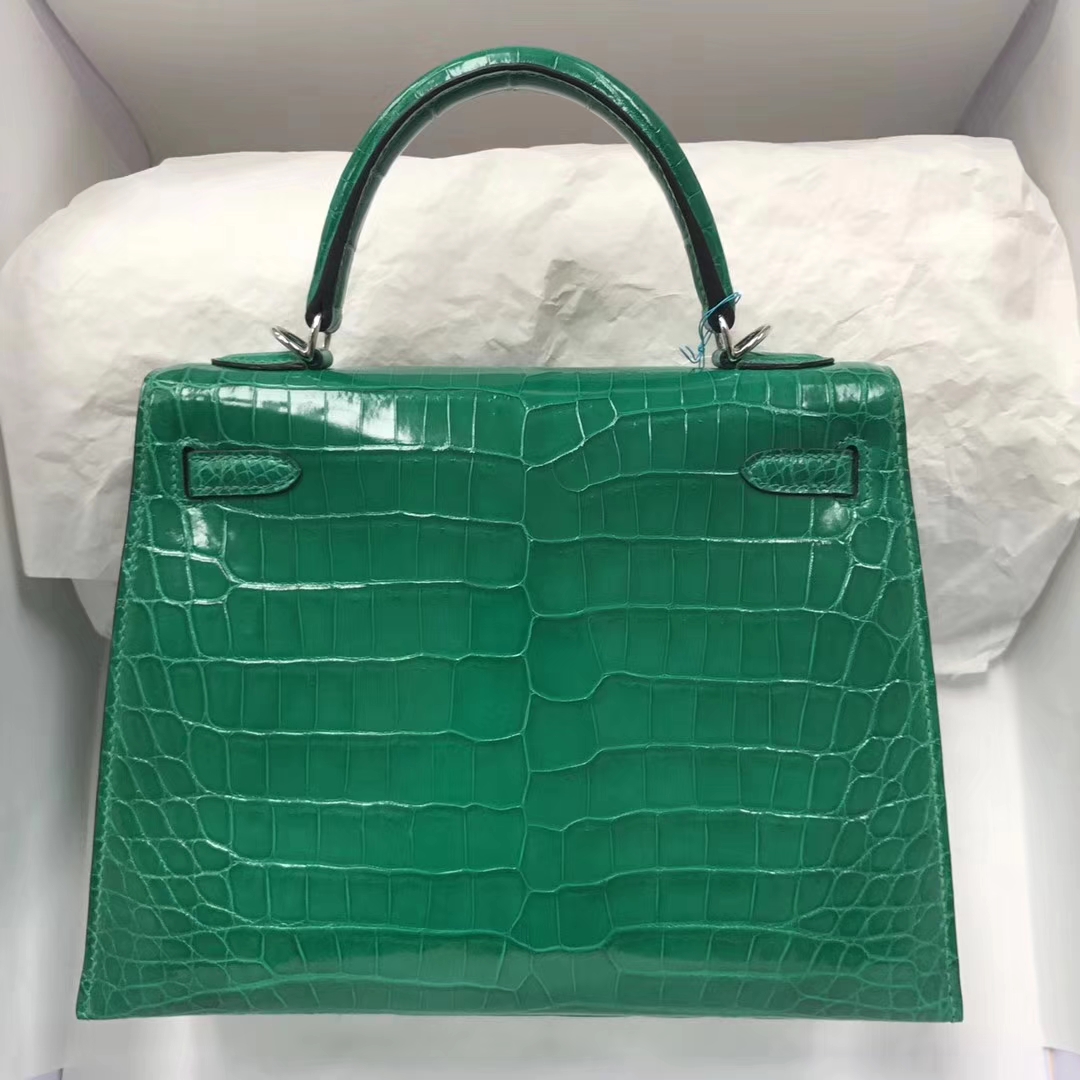 Elegant Hermes 6Q Emerald Green Crocodile Shiny Kelly25CM Bag Silver Hardware