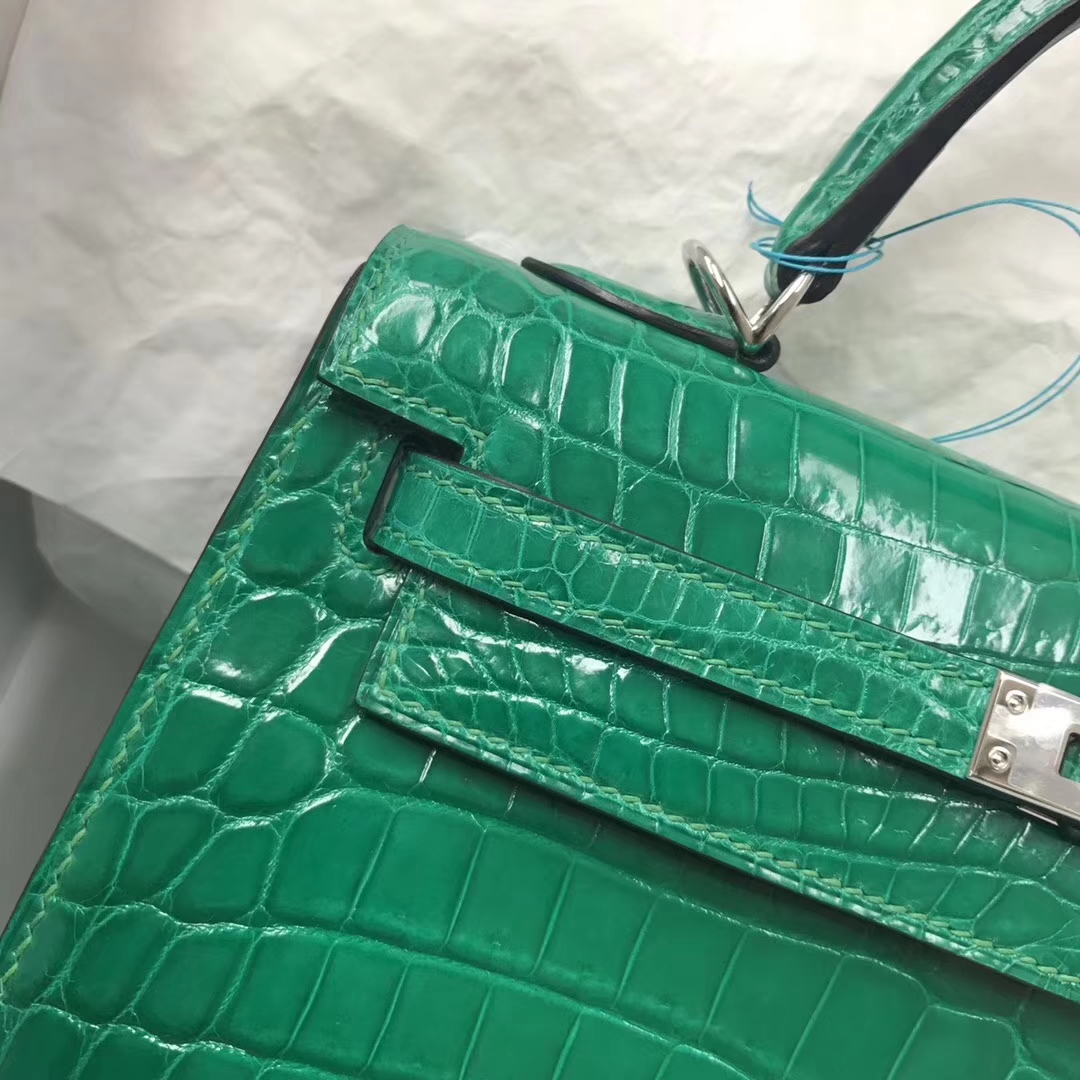 Elegant Hermes 6Q Emerald Green Crocodile Shiny Kelly25CM Bag Silver Hardware