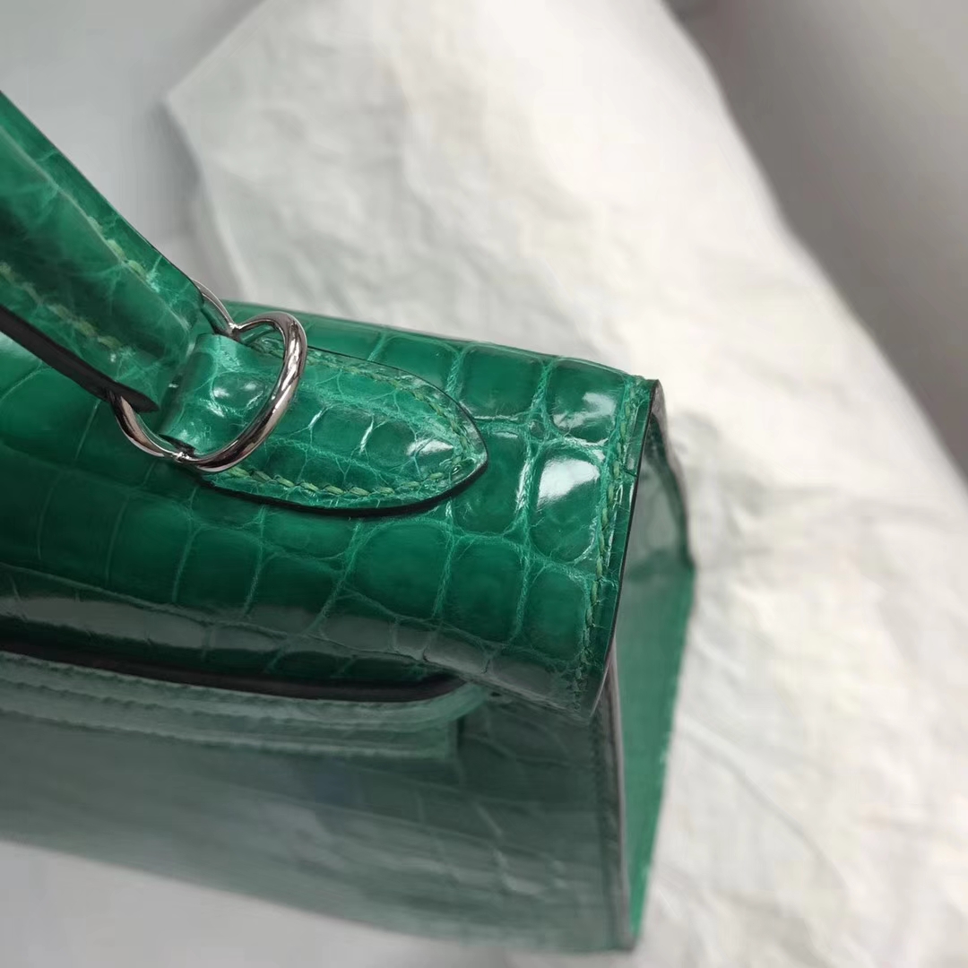Elegant Hermes 6Q Emerald Green Crocodile Shiny Kelly25CM Bag Silver Hardware