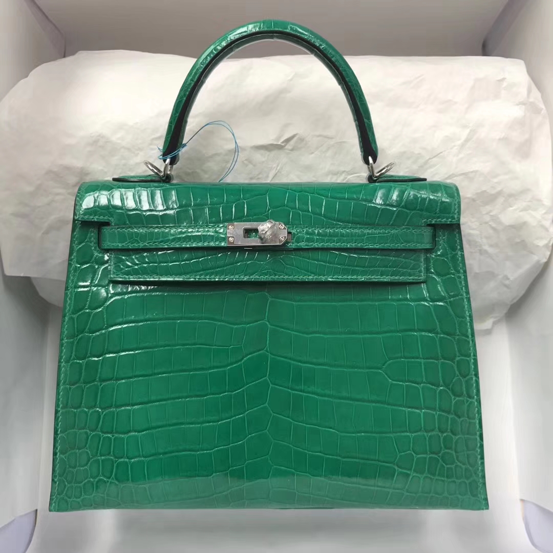 Elegant Hermes 6Q Emerald Green Crocodile Shiny Kelly25CM Bag Silver Hardware