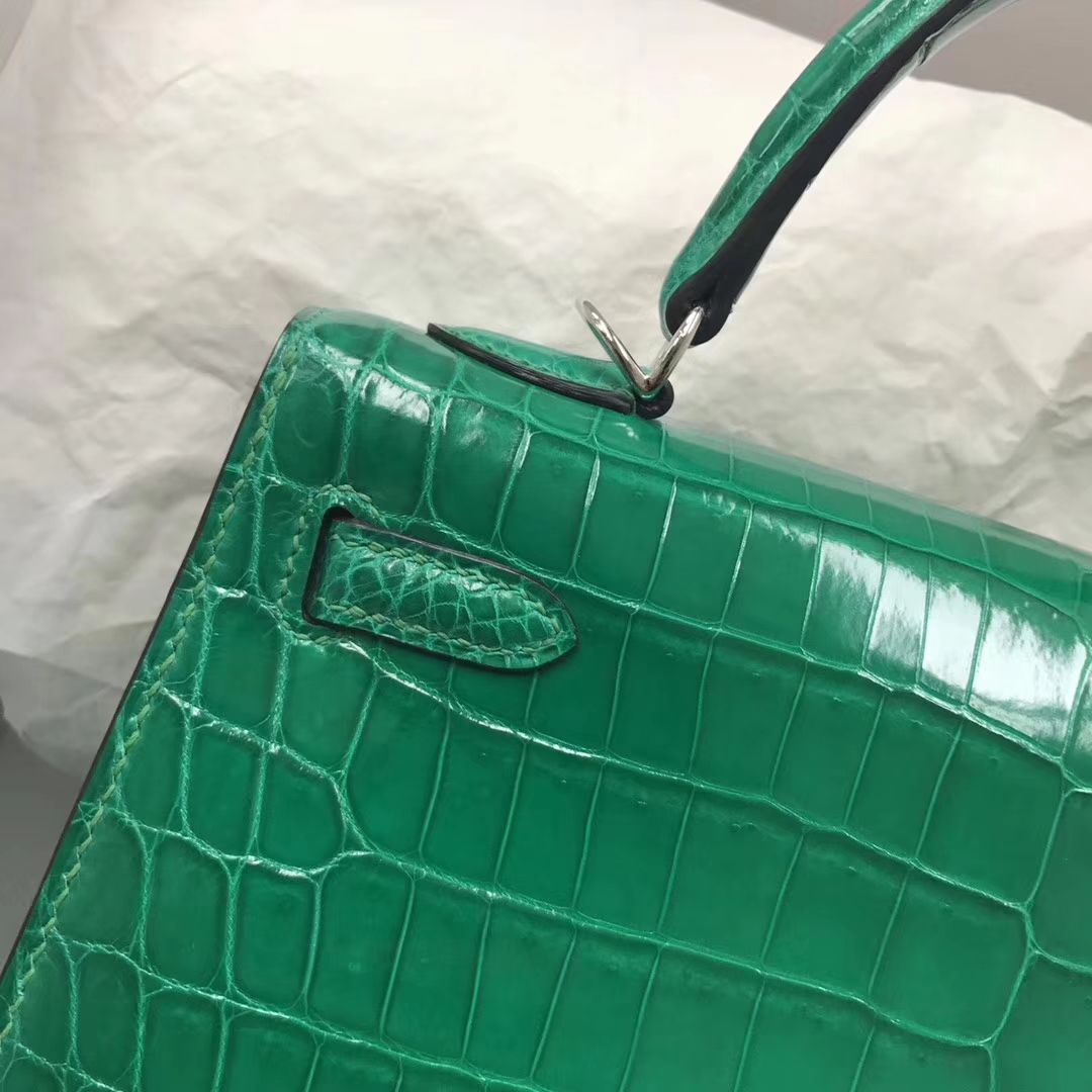 Elegant Hermes 6Q Emerald Green Crocodile Shiny Kelly25CM Bag Silver Hardware
