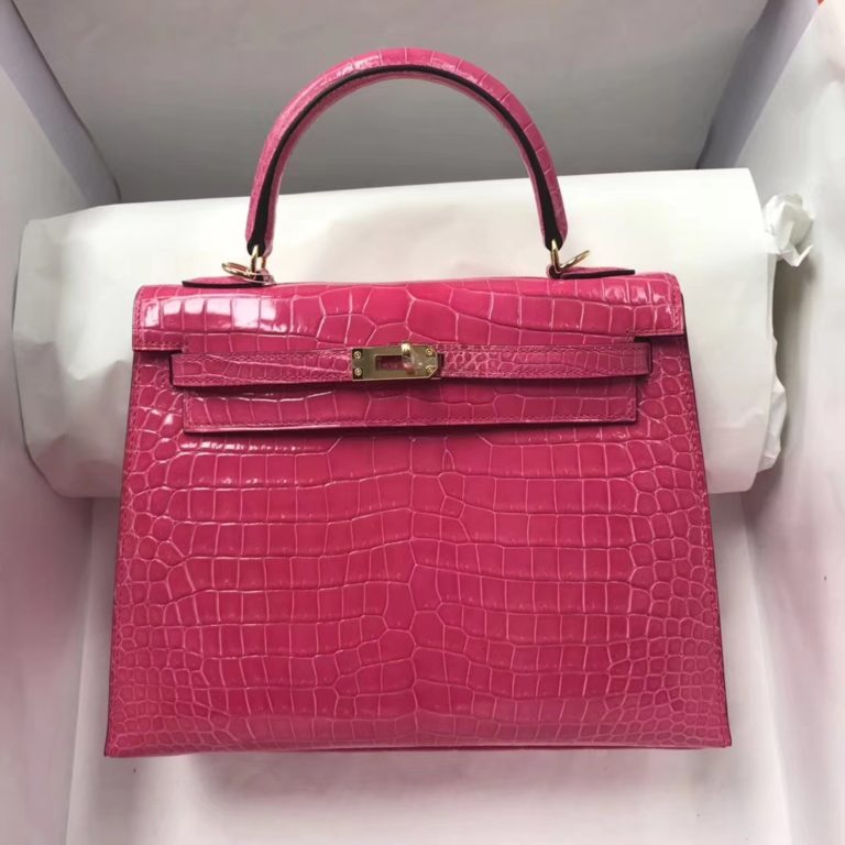Hermes Shiny Crocodile Leather Kelly 25CM in Peach Pink Gold Hardware