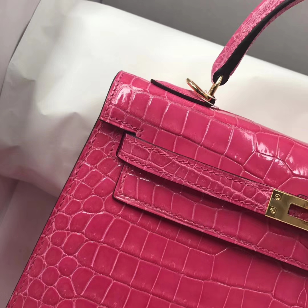 Fashion Hermes Shiny Crocodile Leather Kelly25CM in Peach Pink Gold Hardware