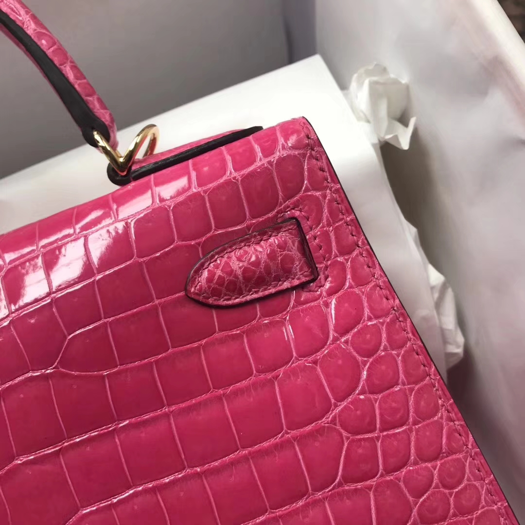 Sale Hermes Peach Pink Shiny Crocodile Leather Kelly Bag28CM Gold Hardware