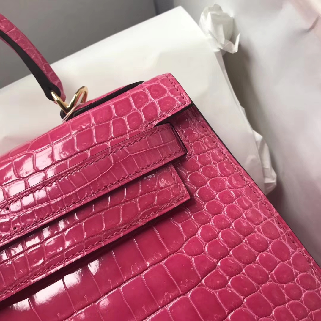 Sale Hermes Peach Pink Shiny Crocodile Leather Kelly Bag28CM Gold Hardware