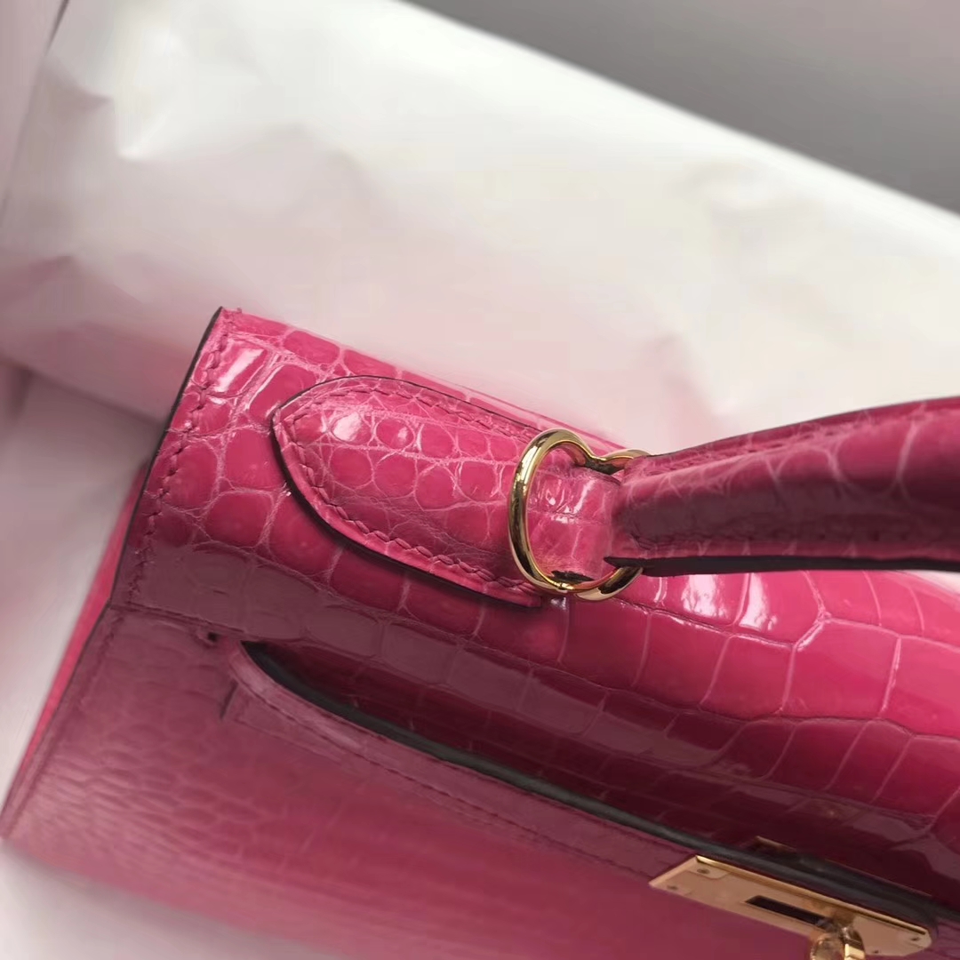 Sale Hermes Peach Pink Shiny Crocodile Leather Kelly Bag28CM Gold Hardware