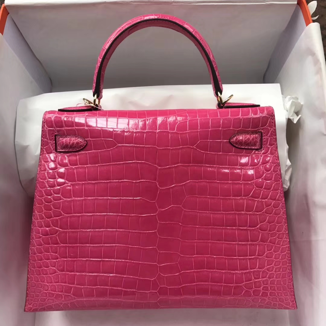 Sale Hermes Peach Pink Shiny Crocodile Leather Kelly Bag28CM Gold Hardware
