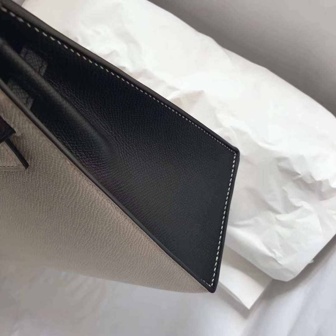 Sale Hermes Kelly25CM Bag in CK10 Craie/CK89 Black Epsom Leather Silver Hardware