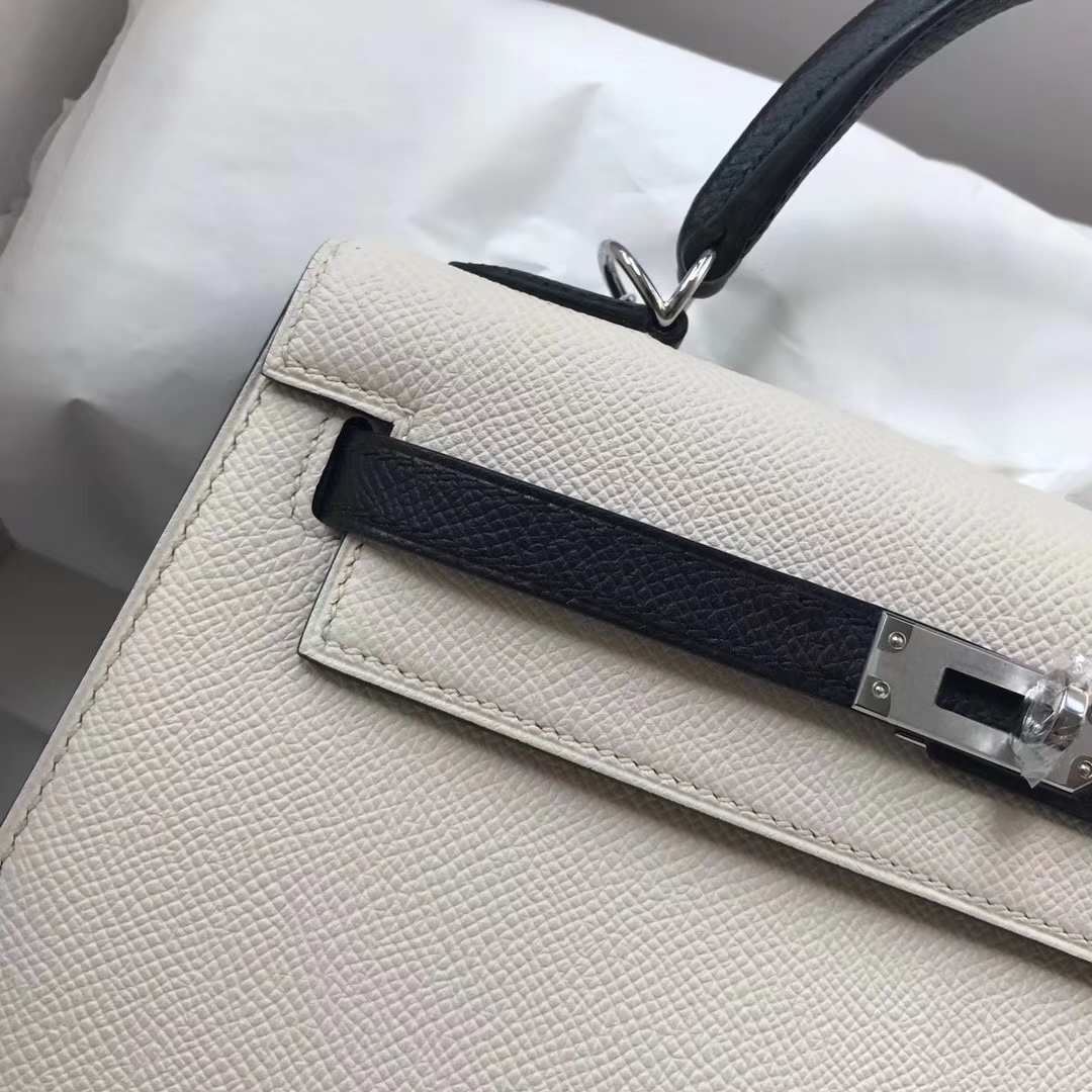 Sale Hermes Kelly25CM Bag in CK10 Craie/CK89 Black Epsom Leather Silver Hardware