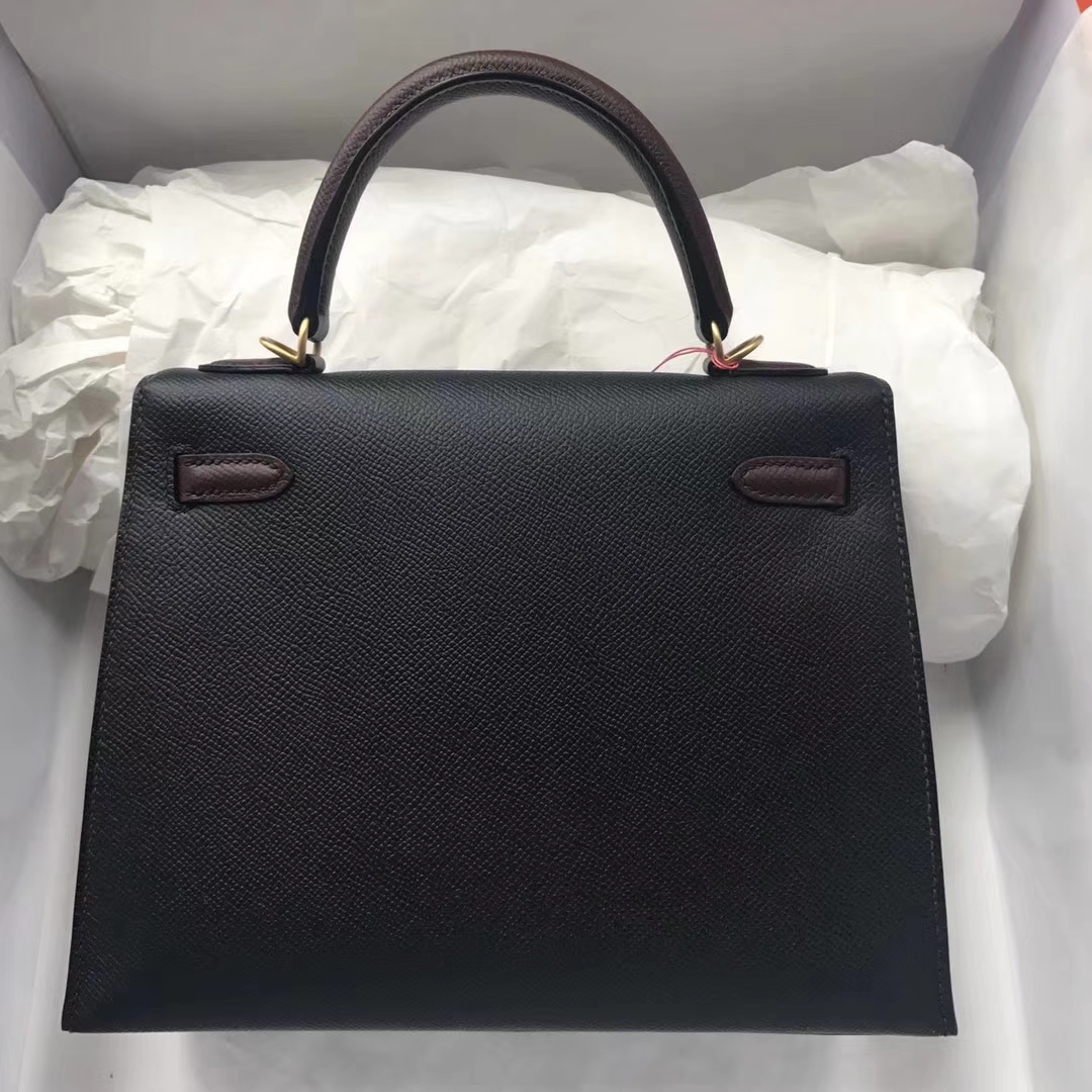 New Arrival Hermes CK89 Black/Bordeaux Red Epsom Calf Kelly25CM Bag