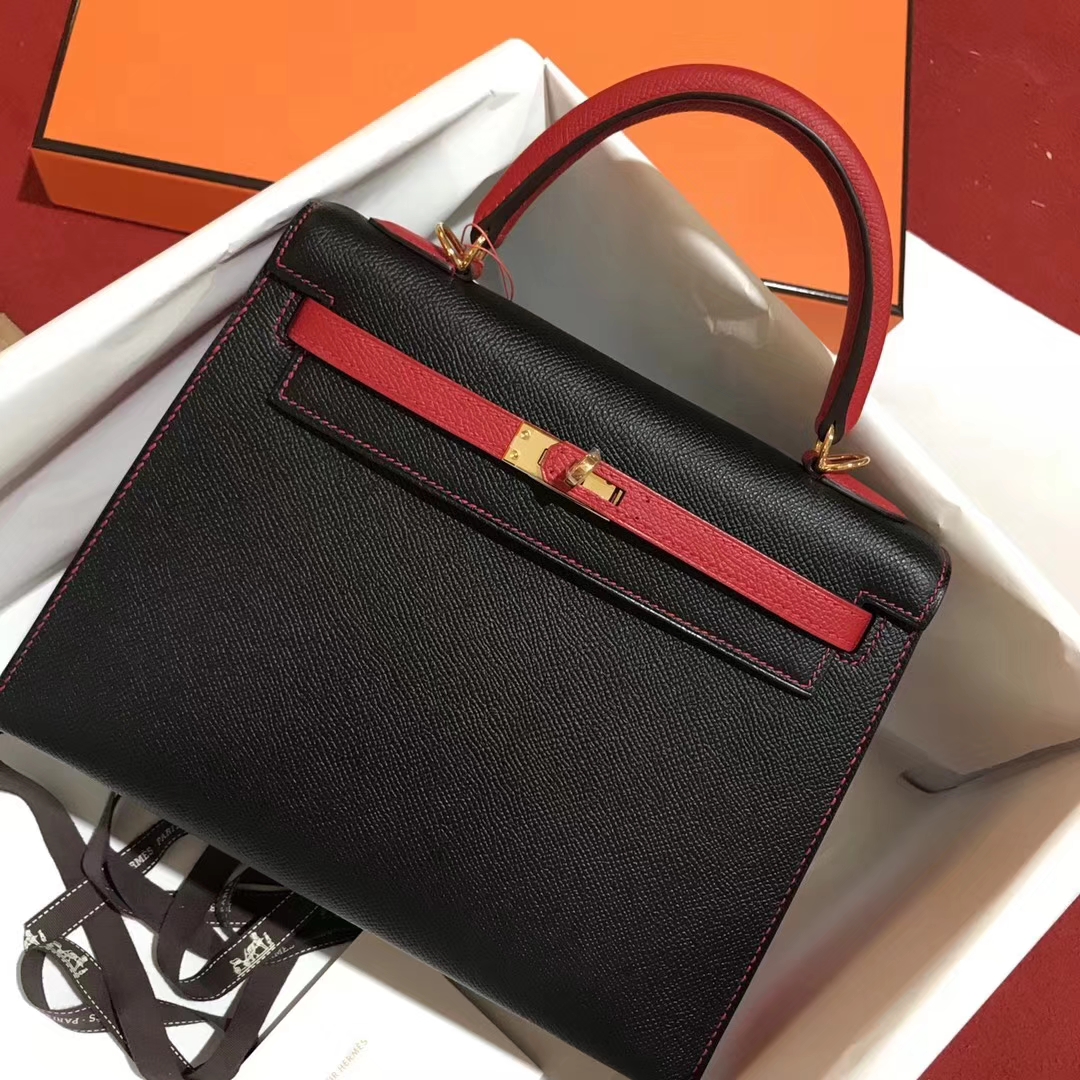Sale Hermes CK89 Black/Rouge Casaque Epsom Leather Kelly25CM Bag Gold Hardware