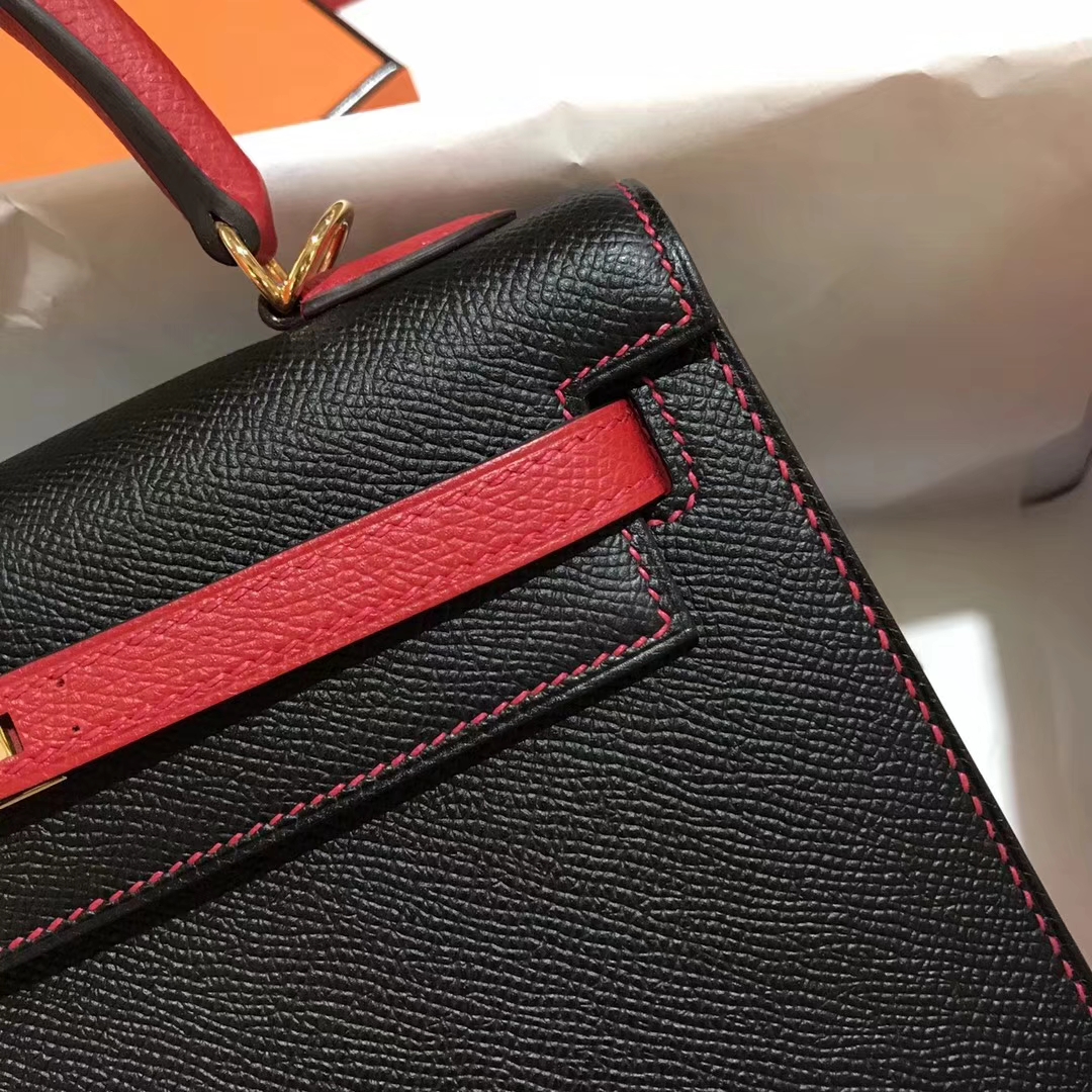 Sale Hermes CK89 Black/Rouge Casaque Epsom Leather Kelly25CM Bag Gold Hardware