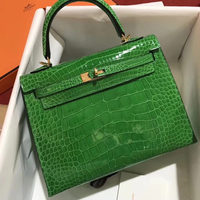 Hermes Shiny Crocodile Leather Kelly 25CM Bag in 1L Cacti Green