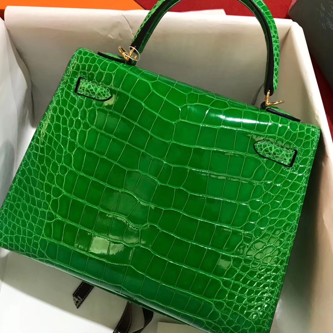 Luxury Hermes Shiny Crocodile Leather Kelly25CM Bag in 1L Cacti Green