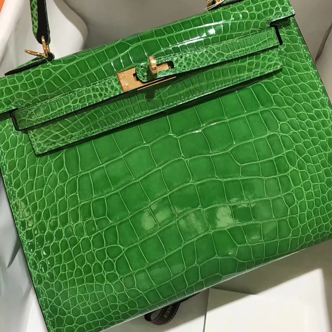 Luxury Hermes Shiny Crocodile Leather Kelly25CM Bag in 1L Cacti Green
