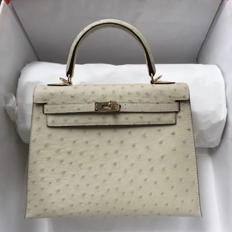 Hermes 3C Wool White Ostrich Leather Kelly 25CM Bag Gold Hardware