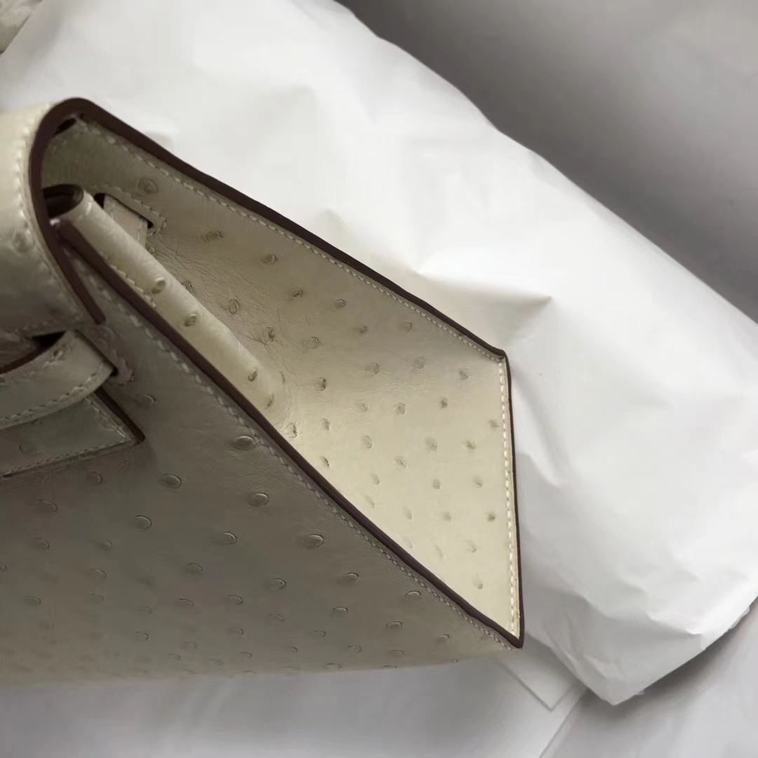 Fashion Hermes 3C Wool White Ostrich Leather Kelly25CM Bag Gold Hardware