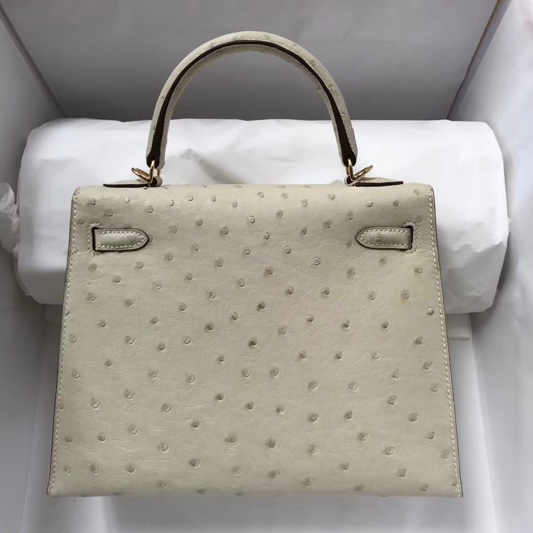 Fashion Hermes 3C Wool White Ostrich Leather Kelly25CM Bag Gold Hardware