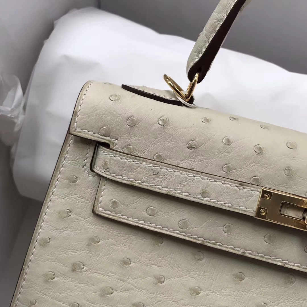 Fashion Hermes 3C Wool White Ostrich Leather Kelly25CM Bag Gold Hardware