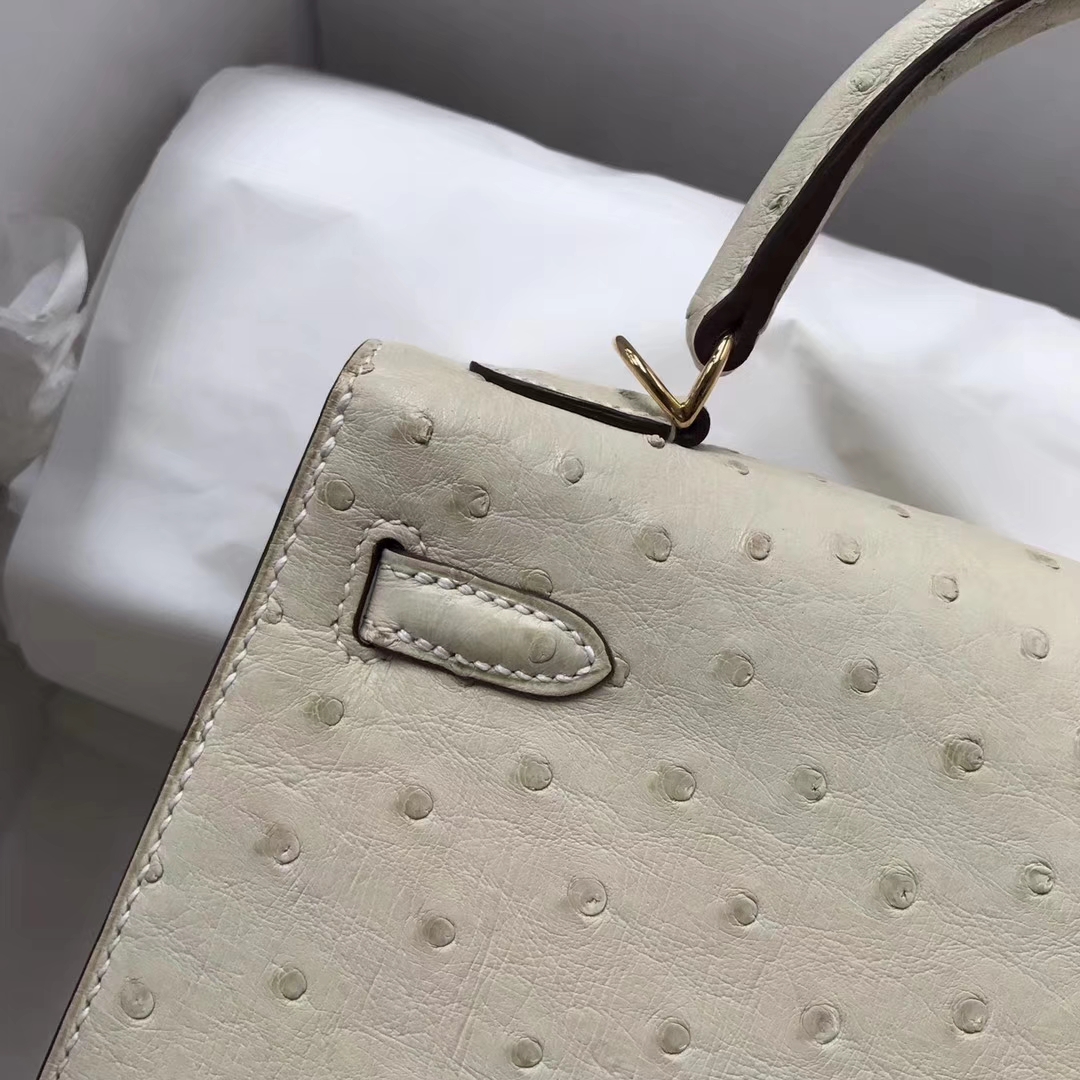 Fashion Hermes 3C Wool White Ostrich Leather Kelly25CM Bag Gold Hardware