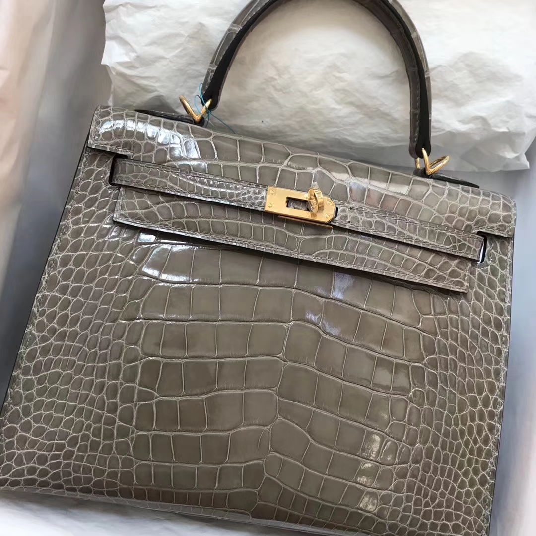 Luxury Hermes C81 Gris Tourterelle Shiny Crocodile Kelly Bag25CM Gold Hardware