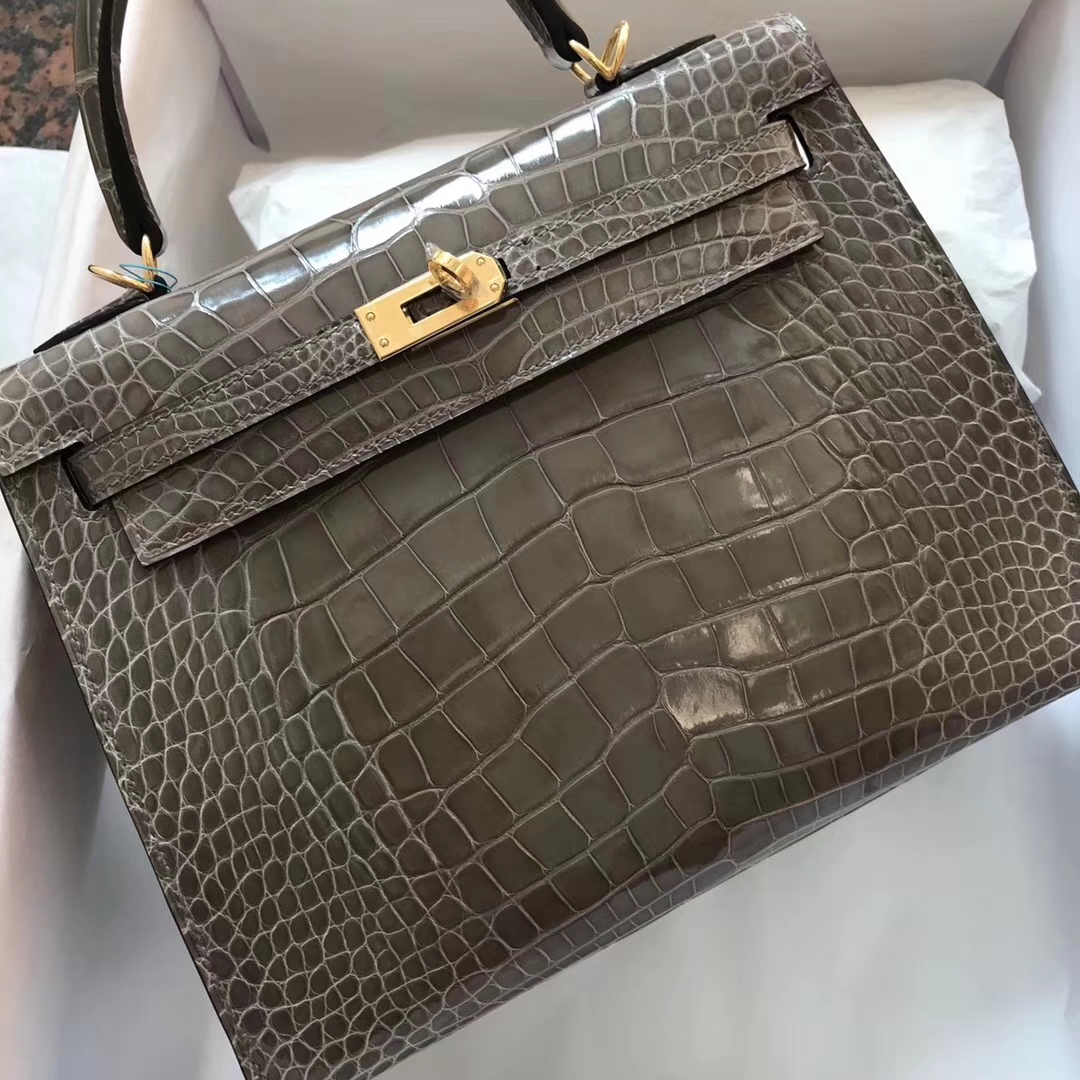 Luxury Hermes C81 Gris Tourterelle Shiny Crocodile Kelly Bag25CM Gold Hardware