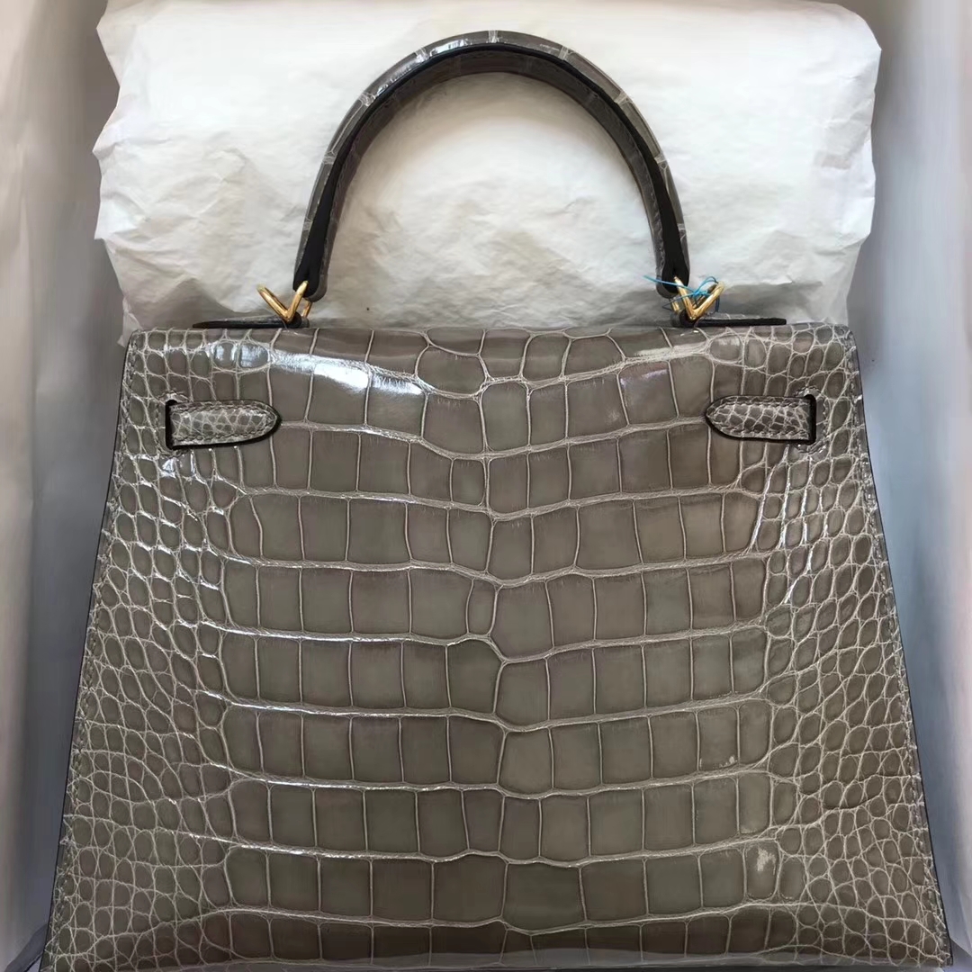 Luxury Hermes C81 Gris Tourterelle Shiny Crocodile Kelly Bag25CM Gold Hardware