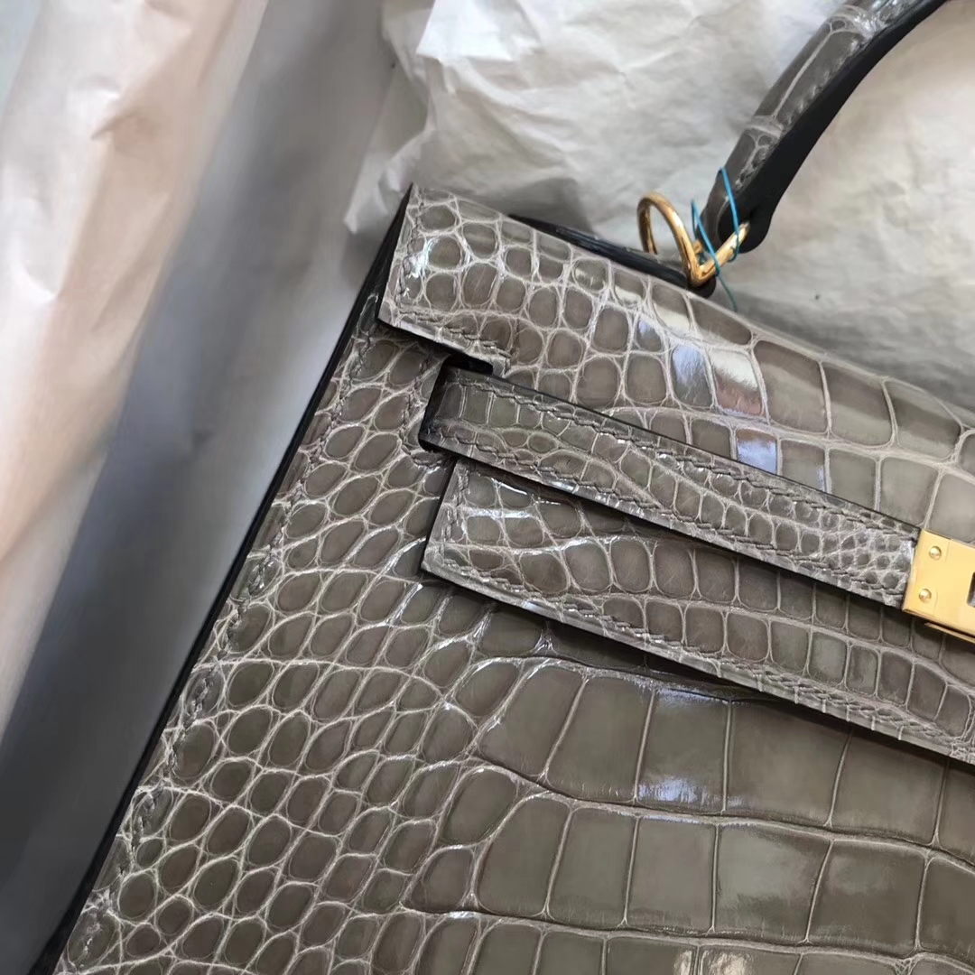 Luxury Hermes C81 Gris Tourterelle Shiny Crocodile Kelly Bag25CM Gold Hardware