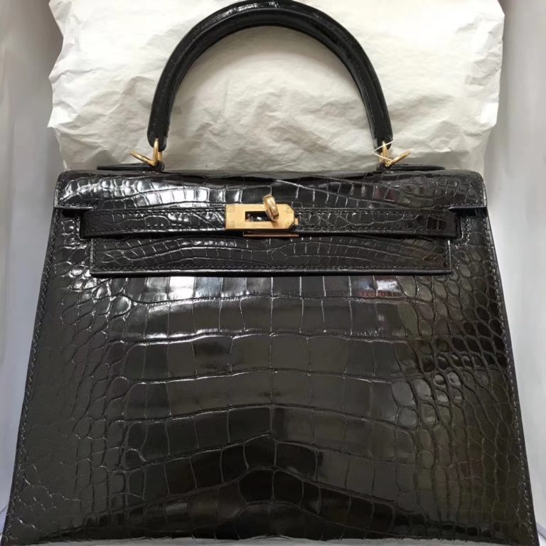 Hermes Shiny Crocodile Leather Kelly 25CM Bag in CK89 Black Gold Hardware
