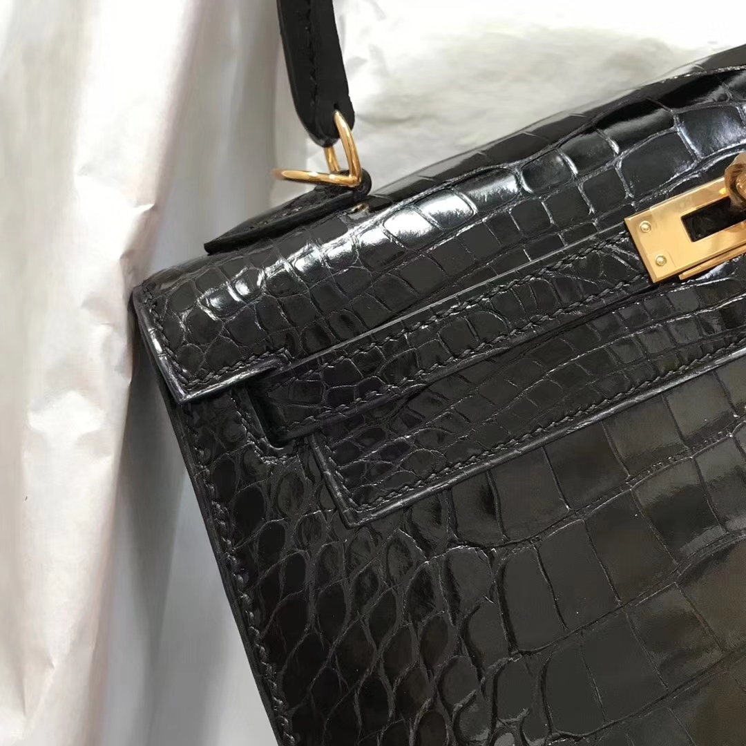 Sale Hermes Shiny Crocodile Leather Kelly25CM Bag in CK89 Black Gold Hardware