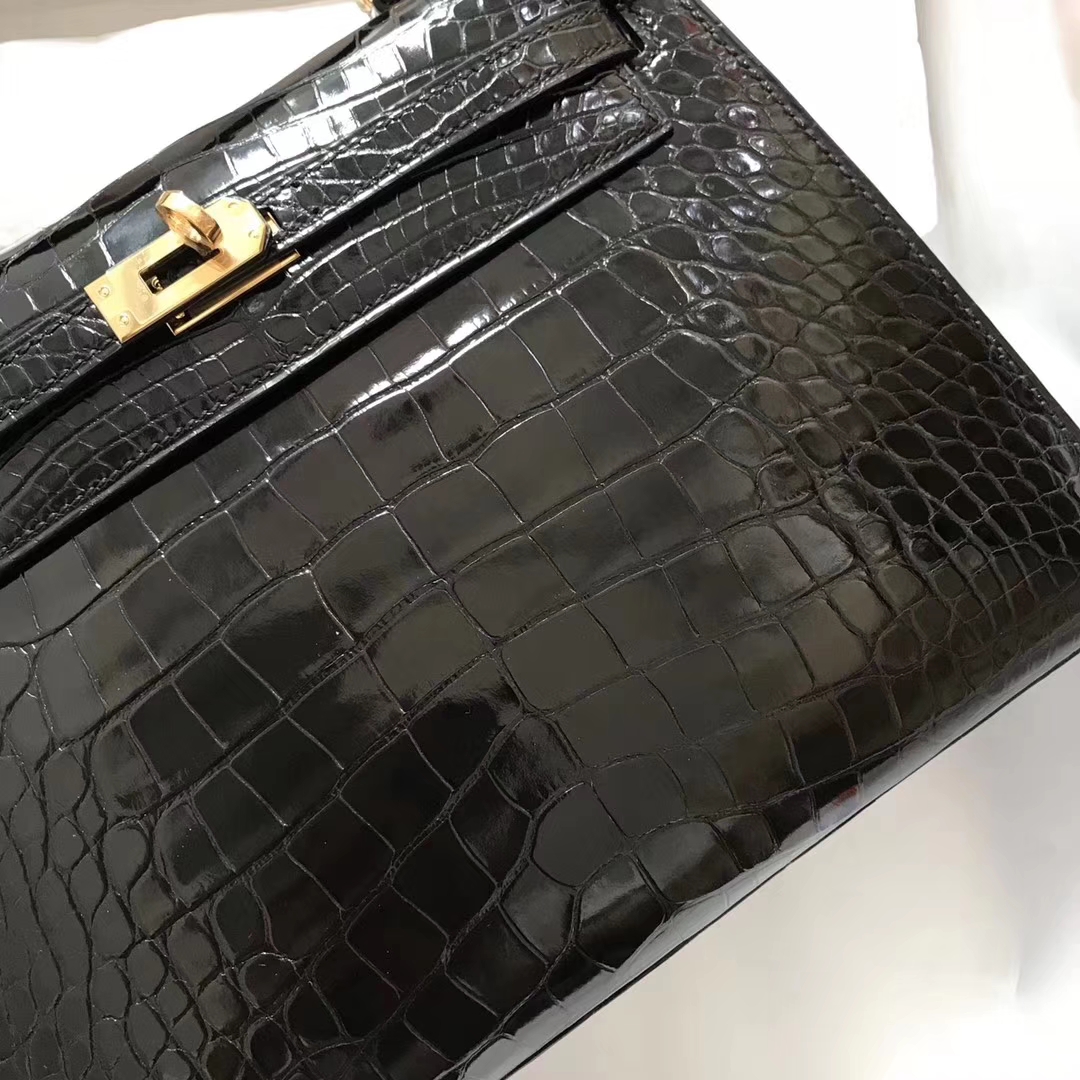 Sale Hermes Shiny Crocodile Leather Kelly25CM Bag in CK89 Black Gold Hardware