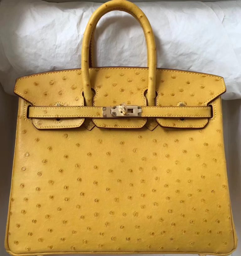Hand Stitching Hermes Ostrich Leather Birkin Bag 25CM in 9D Ambre Yellow